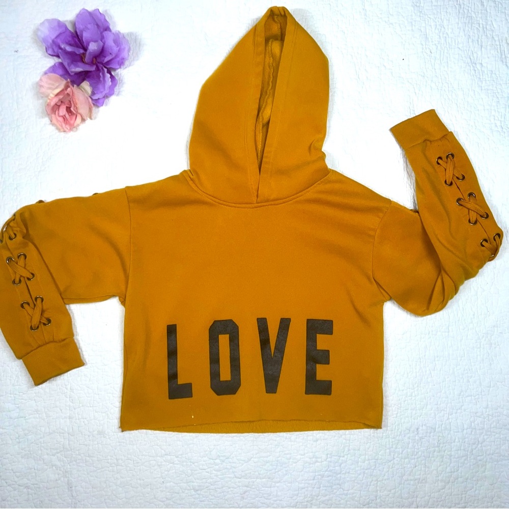Roma Concept by Rosee Yellow Cropped Top Lace Up Long Sleeve Hoodie Juniors; L